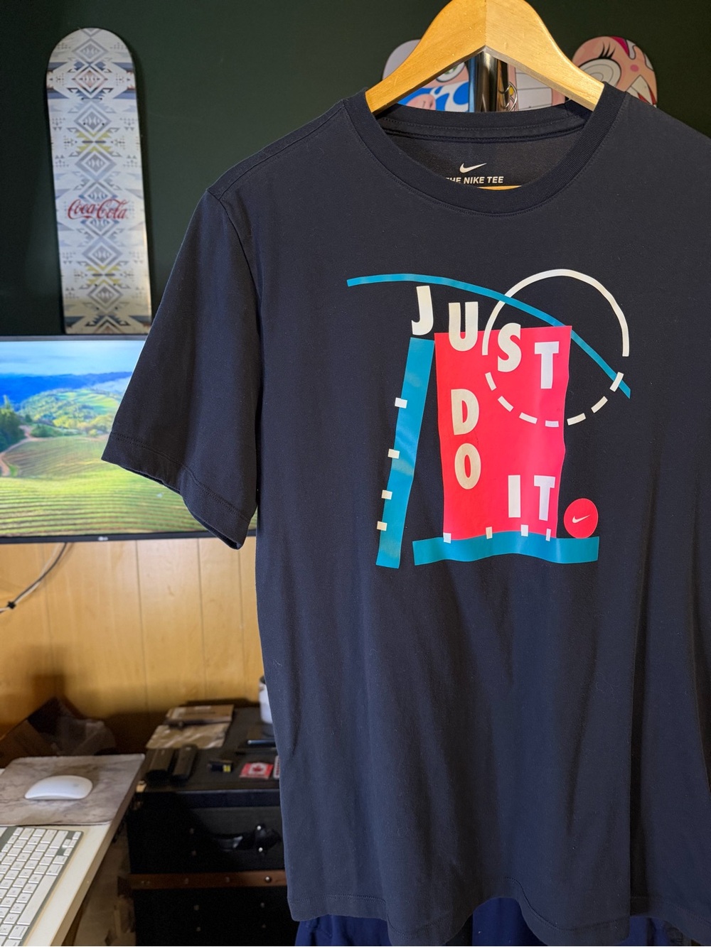 Nike Just Do It Retro Teal and Neon Pink Accents Graphic Short Sleeve Tee